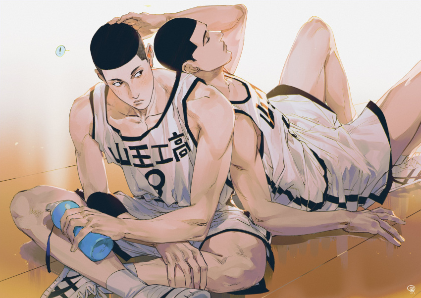 ! 2boys basketball_jersey basketball_uniform black_eyes black_hair blush bottle buzz_cut closed_eyes closed_mouth couple feet_out_of_frame fukatsu_kazunari full_body hand_in_another's_hair highres holding holding_bottle leaning_back leaning_on_person looking_at_another male_focus multiple_boys on_floor pectoral_cleavage pectorals sawakita_eiji short_hair shorts sitting slam_dunk_(series) speech_bubble sportswear tank_top toned toned_male undercut very_short_hair water_bottle wfi1584191 white_shorts white_sneakers white_tank_top yaoi