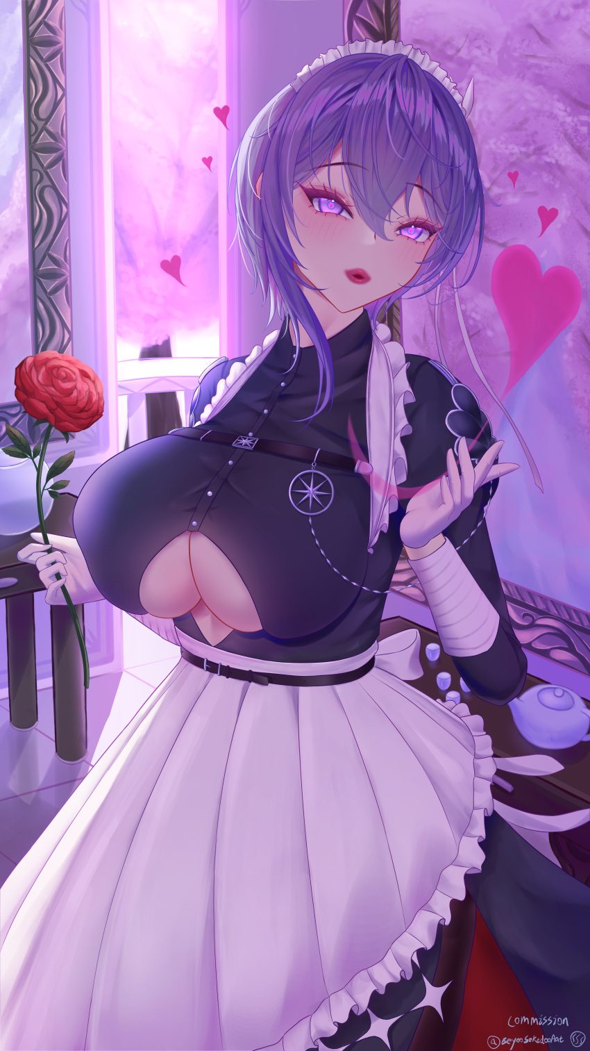 1girl absurdres apron azur_lane bellona_(armed_to_clean)_(azur_lane) bellona_(azur_lane) breasts chest_belt clothing_cutout commission eeyoosekedooaat flower gloves hair_between_eyes heart heart-shaped_pupils highres holding holding_flower indoors juliet_sleeves large_breasts long_sleeves looking_at_viewer maid_apron maid_headdress official_alternate_costume pixiv_commission puffy_sleeves purple_eyes purple_hair red_flower red_lips red_rose rose short_hair solo symbol-shaped_pupils underboob underboob_cutout white_apron white_gloves