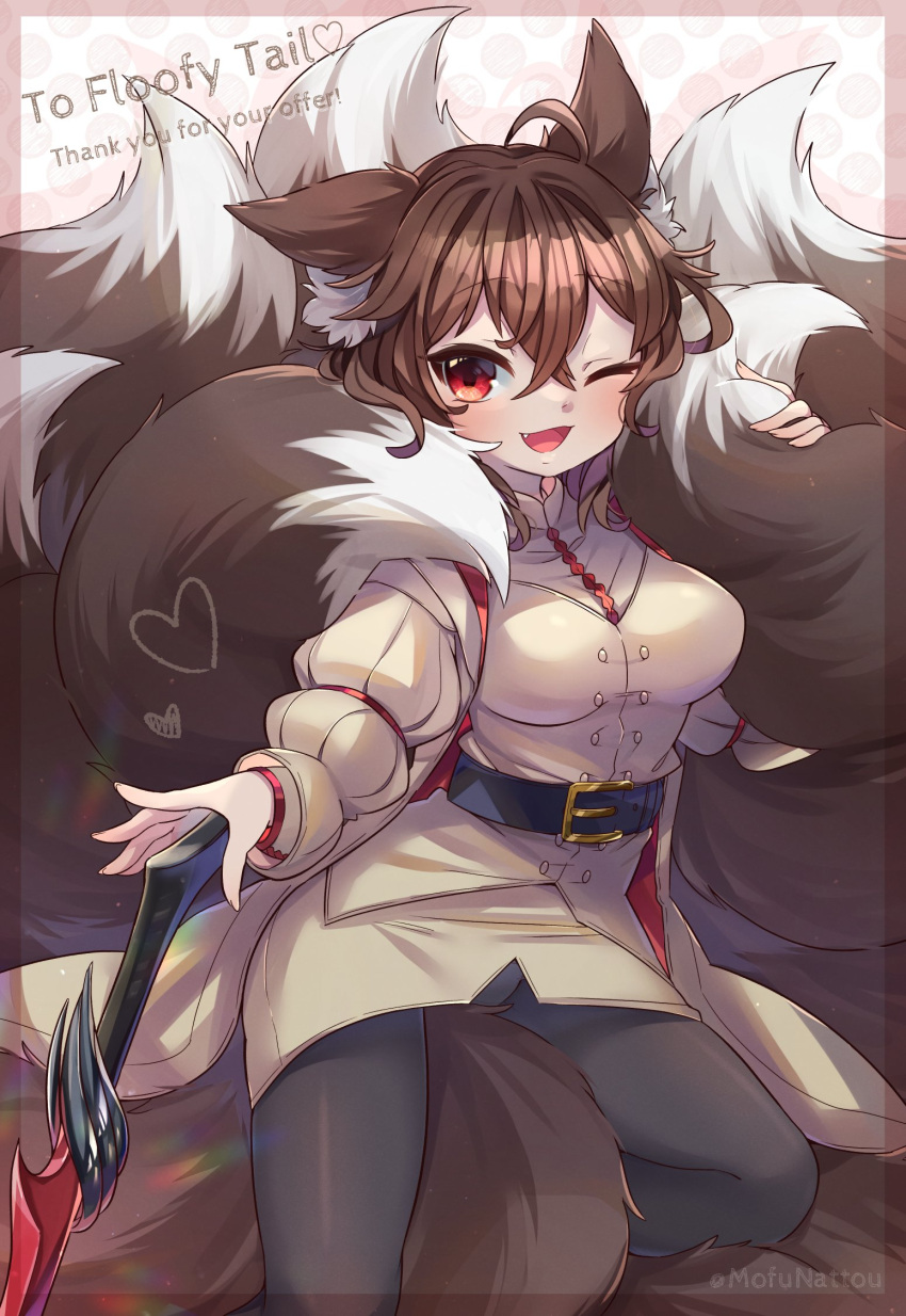 1girl airi_(floofytail) animal_ears belt breasts brown_hair brown_tail coat fox_ears fox_girl fox_tail hair_between_eyes heart highres holding holding_own_tail holding_sword holding_weapon ibaraki_natou medium_breasts multiple_tails one_eye_closed original panties pantyshot red_eyes shirt solo sword tail underwear weapon