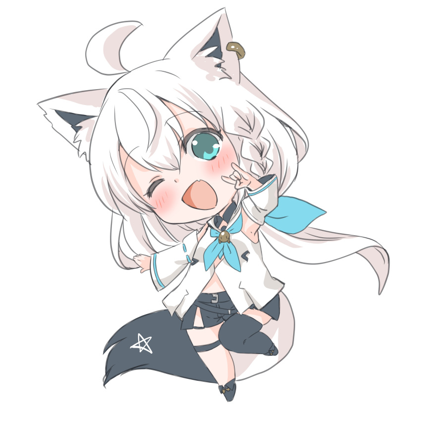 1girl absurdres ahoge animal_ear_fluff animal_ears black_shorts black_thighhighs blue_neckerchief blush braid chibi detached_sleeves earrings fang fox_ears fox_girl fox_shadow_puppet fox_tail green_eyes hair_between_eyes highres hololive hood hoodie jewelry leg_up long_hair looking_at_viewer mayoineko neckerchief open_mouth pentagram shirakami_fubuki shirakami_fubuki_(1st_costume) short_shorts shorts sidelocks simple_background single_braid single_thighhigh skin_fang solo tail thigh_strap thighhighs virtual_youtuber white_background white_hair white_hoodie