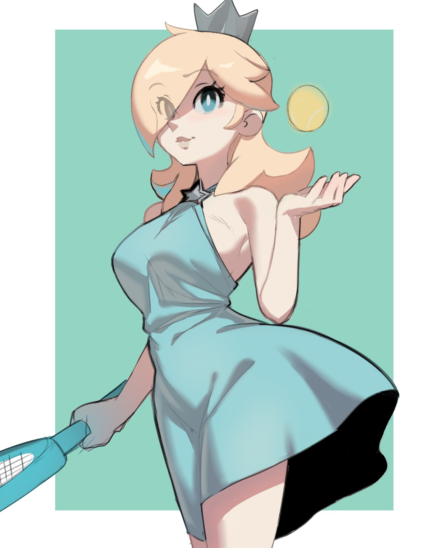 1girl aqua_dress ball blonde_hair blue_eyes border brooch crown dress eyes_visible_through_hair hair_over_one_eye highres jewelry mario_(series) mario_tennis outside_border racket rosalina sho-n-d short_dress solo sportswear star_brooch tennis_ball tennis_racket tennis_uniform