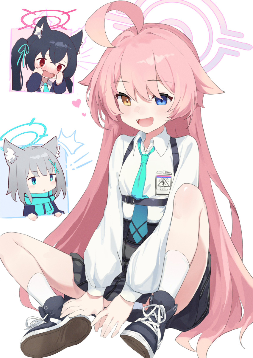 ! !! 3girls absurdres ahoge animal_ears aqua_necktie aqua_scarf ayaha_4780828 black_footwear black_skirt blue_archive blue_eyes cat_ears collared_shirt commentary embarrassed facing_viewer grey_hair hair_ornament halo heart heterochromia highres hoshino_(blue_archive) long_hair long_sleeves looking_ahead multiple_girls necktie open_mouth panties pantyshot pink_hair pink_theme plaid plaid_skirt red_eyes scarf serika_(blue_archive) shiroko_(blue_archive) shirt shirt_tucked_in shoes simple_background sitting skirt smile socks solo_focus twintails underwear very_long_hair white_background white_panties white_shirt white_socks x_hair_ornament yellow_eyes