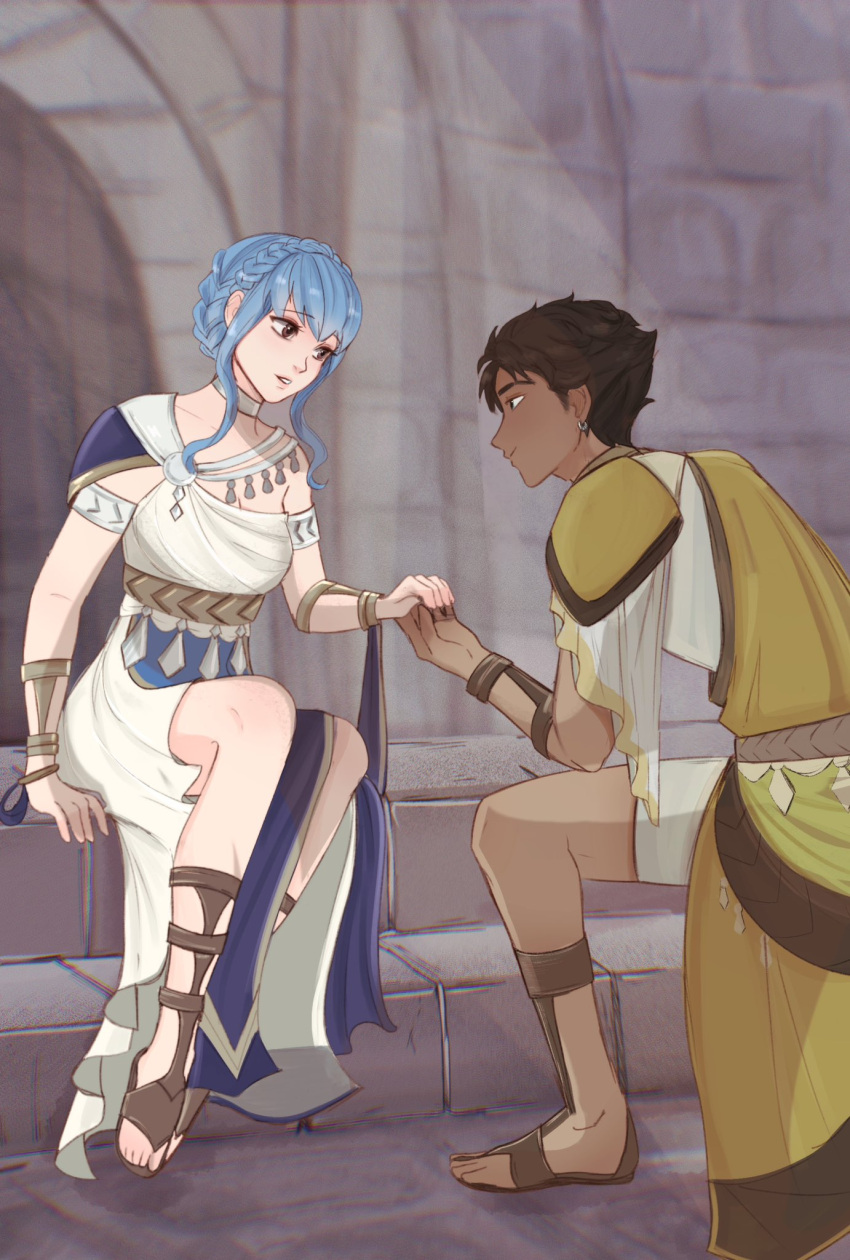 1boy 1girl armlet armor blue_hair braid breasts brick_wall brown_eyes brown_footwear brown_hair choker claude_von_riegan cleavage crown_braid dress earrings fire_emblem fire_emblem:_three_houses full_body gladiator_sandals highres holding_hands jewelry looking_at_viewer marianne_von_edmund medium_breasts on_one_knee pale_skin parted_lips sandals shoulder_armor sidelocks single_bare_shoulder sitting stairs tan toga vanekairi white_choker white_dress