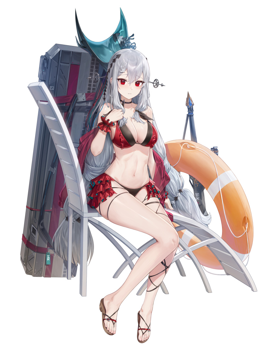 1girl arknights bare_legs bare_shoulders bikini black_bikini black_choker blue_headwear breasts case chair choker cleavage closed_mouth cryturtle frilled_bikini frills frown hair_ornament hairpin hat hat_removed headwear_removed highres innertube large_breasts legs long_hair looking_at_viewer low_twintails navel red_bikini red_eyes sandals scrunchie sitting skadi_(arknights) skadi_the_corrupting_heart_(arknights) skindentation solo stomach string_bikini swimsuit sword thigh_strap thighs twintails two-tone_bikini very_long_hair weapon white_hair wrist_scrunchie