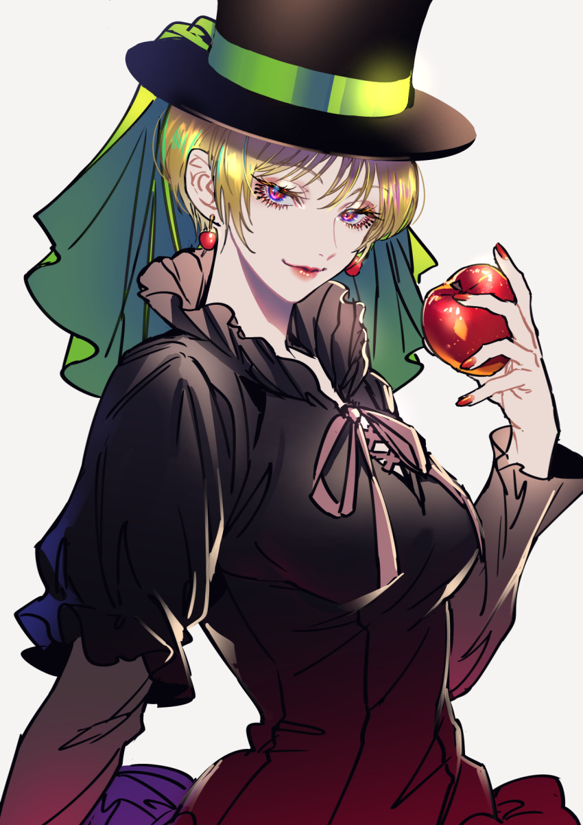 1girl apple black_dress black_headwear blonde_hair boater_hat breasts closed_mouth dress earrings fingernails food fruit hand_up hat highres holding holding_food holding_fruit hoozuki_no_reitetsu jewelry lilith_(hoozuki_no_reitetsu) long_sleeves looking_at_viewer medium_breasts nail_polish puffy_sleeves purple_eyes red_lips red_nails short_hair simple_background solo tenobe upper_body white_background