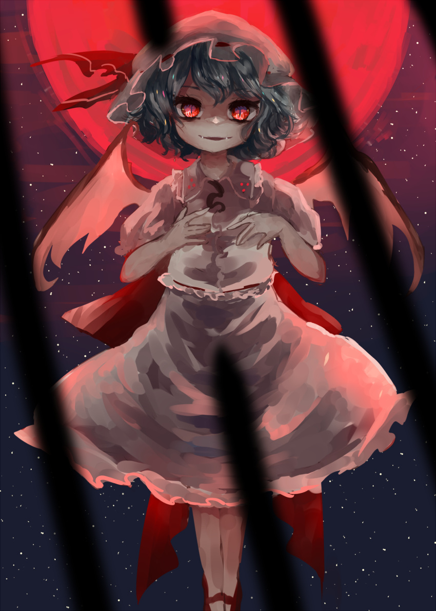 backlighting bat_wings blue_hair collared_shirt fangs frilled_shirt frilled_shirt_collar frilled_skirt frills full_body glowing glowing_eye hat hat_ribbon highres ijen_(ljenejl) looking_at_viewer mary_janes mob_cap moon no_socks open_mouth puffy_short_sleeves puffy_sleeves red_eyes red_footwear red_moon red_ribbon remilia_scarlet ribbon shirt shoes short_hair short_sleeves skirt touhou white_headwear wings