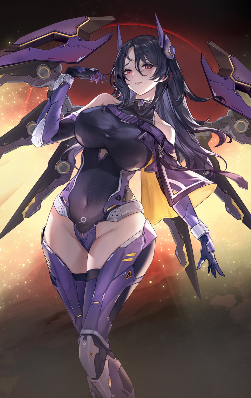 1girl absurdres armored_boots armored_gloves bare_hips bare_shoulders black_hair black_leotard boots breasts capelet covered_navel elbow_gloves eru_(eru_illust) gloves goddess_of_victory:_nikke groin gun hair_between_eyes headgear highres isabel_(nikke) large_breasts leotard long_hair looking_at_viewer mecha_musume mechanical_wings parted_bangs parted_lips purple_capelet purple_gloves red_eyes sidelocks skindentation smile solo taut_leotard weapon wings