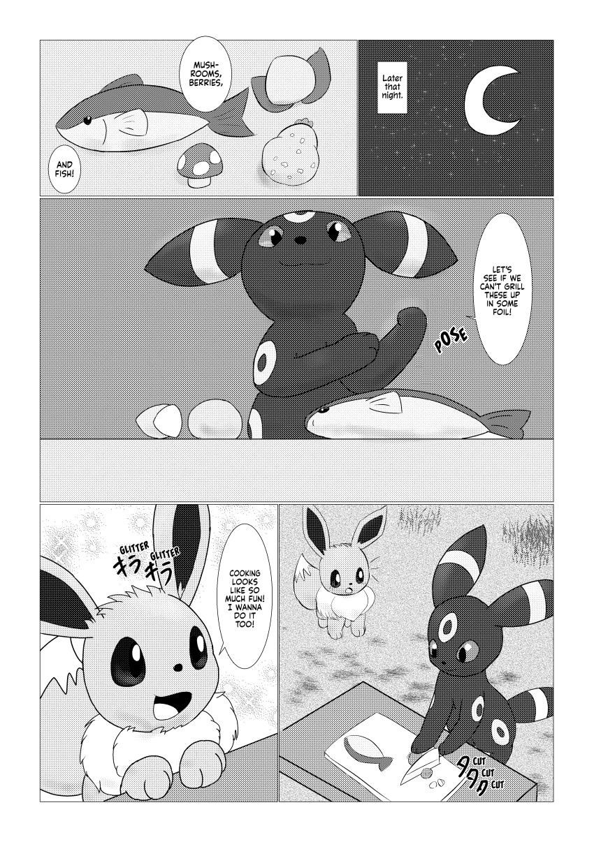 absurd_res ambiguous_gender attention_emanata berry black_and_white border closed_smile comic crescent_moon cutlery dialogue dipstick_tail dokuase duo ear_markings eevee eeveelution english_text facial_markings feral fish food forehead_markings fruit fungus fur furniture generation_1_pokemon generation_2_pokemon gradient_background greyscale happy hard_translated head_markings hi_res japanese_text kitchen_knife kitchen_utensils knife leaning_on_table leg_markings marine markings monochrome moon mouth_closed multicolored_body multicolored_fur mushroom neck_tuft night nintendo open_mouth open_smile plant pokemon pokemon_(species) pokemon_berry ring_(marking) simple_background sitrus_berry sky smile speech_bubble star starry_sky table tail tail_markings text text_box third-party_edit tools translated translation_edit tuft two_tone_body two_tone_fur umbreon victory_pose white_border