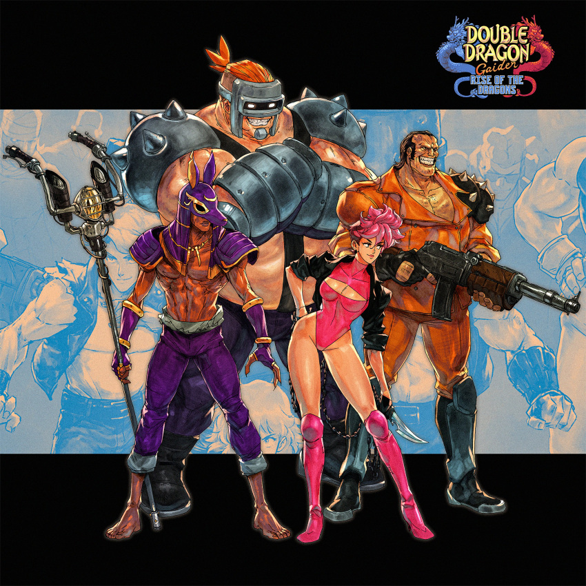 1girl 3boys absurdres armor assault_rifle boots breasts brown_hair character_request cleavage cleavage_cutout clothing_cutout commentary crossed_arms dagger dark-skinned_male dark_skin david_liu double_dragon double_dragon_gaiden:_rise_of_the_dragons english_commentary evil_grin evil_smile fingerless_gloves gloves grin gun highres holding holding_dagger holding_gun holding_knife holding_weapon knife leotard multiple_boys official_art orange_hair pauldrons pink_hair rifle shoulder_armor single_pauldron smile spiked_pauldrons thigh_boots trigger_discipline weapon