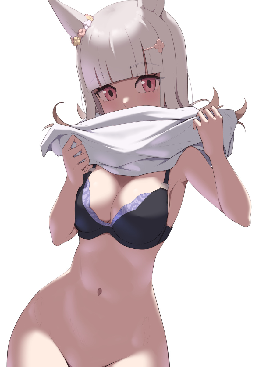 1girl absurdres animal_ears black_bra blunt_bangs bottomless bra breasts cleavage clothes_lift commentary_request groin happy_meek_(umamusume) highres horse_ears horse_girl jilu lifted_by_self looking_at_viewer medium_breasts navel out-of-frame_censoring pink_eyes shirt shirt_lift simple_background solo umamusume underwear white_background white_shirt