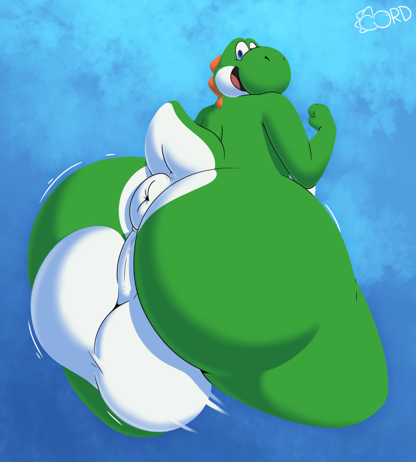 2022 absurd_res anthro anus backsack balls big_balls big_butt biped butt digital_media_(artwork) genitals green_yoshi hi_res huge_balls huge_butt hyper hyper_balls hyper_butt hyper_genitalia looking_back male mario_bros nintendo nude puffy_anus rear_view simple_background smile solo thelewdshi thick_thighs wide_hips yoshi