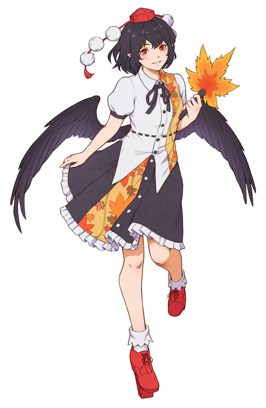 1girl absurdres bird_wings black_hair black_skirt black_wings commentary frilled_skirt frills full_body geta hand_fan hat hauchiwa highres holding holding_fan looking_at_viewer neck_ribbon pom_pom_(clothes) puffy_short_sleeves puffy_sleeves red_eyes red_footwear red_headwear red_ribbon ribbon shameimaru_aya short_hair short_sleeves simple_background skirt smile socks solo tengu-geta tokin_hat touhou white_background white_socks wings winterleigh_art