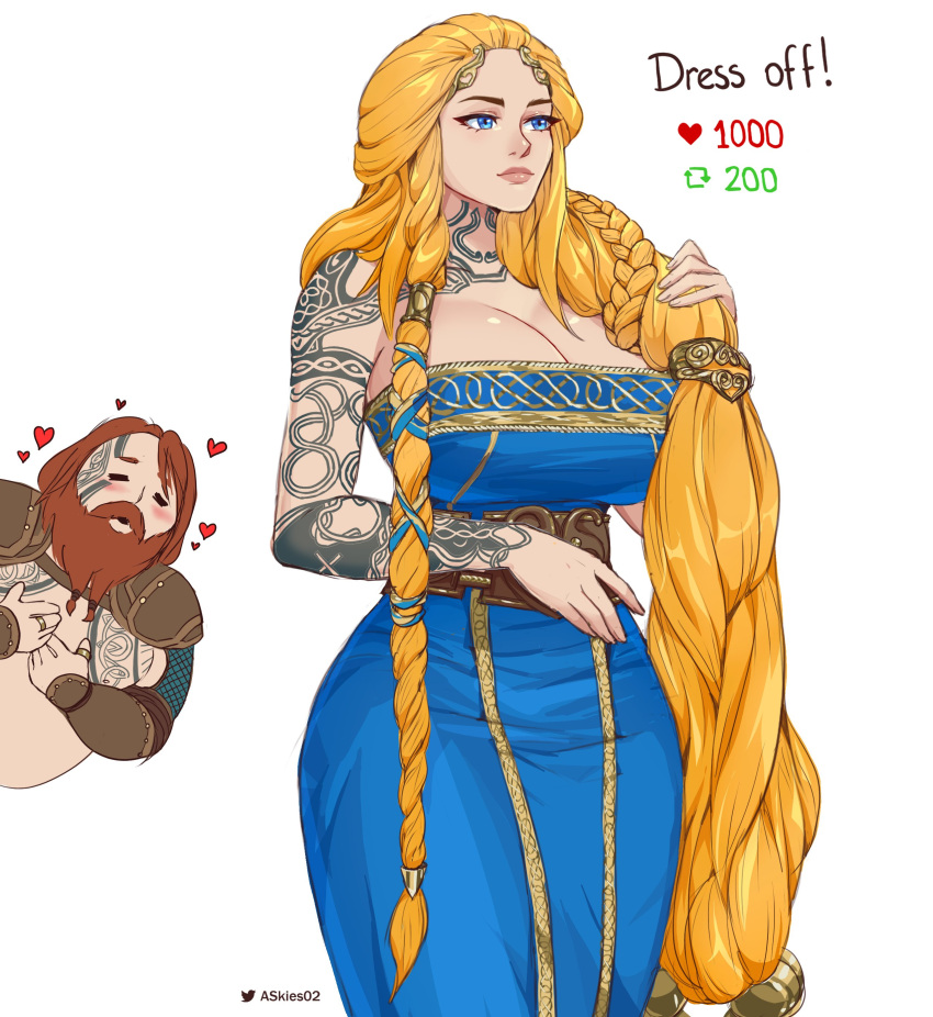 1boy 1girl absurdres allen_skies arm_tattoo asymmetrical_hair beard blonde_hair blue_dress blue_eyes blush braid breasts cleavage closed_eyes dress english_text facial_hair god_of_war god_of_war_ragnarok hand_in_own_hair heart highres huge_breasts lips long_hair mature_female meme sif_(god_of_war) simple_background tattoo thor_(god_of_war) twitter_strip_game_(meme) twitter_username very_long_hair white_background wide_hips