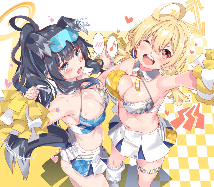 2girls ahoge animal_ears bare_shoulders black_hair blonde_hair blue_archive blue_eyes blush braid breasts checkered_floor cheerleader cleavage dog_ears dog_girl dog_tail eyewear_on_head goggles goggles_on_head halo hibiki_(blue_archive) hibiki_(cheer_squad)_(blue_archive) highres holding holding_pom_poms kotori_(blue_archive) kotori_(cheer_squad)_(blue_archive) large_breasts long_hair looking_at_viewer medium_hair millennium_cheerleader_outfit_(blue_archive) multiple_girls navel official_alternate_costume open_mouth pom_pom_(cheerleading) red_eyes revision shinozuka_atsuto single_braid smile star_sticker sticker_on_face tail thighs twintails yellow_background