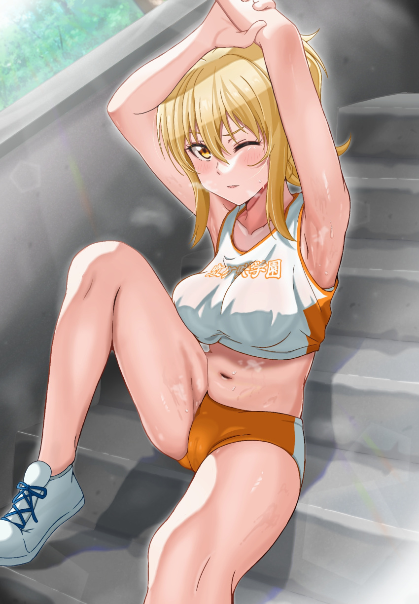 1girl armpits arms_up blonde_hair blush breasts buruma check_commentary collarbone commentary commentary_request crop_top day gym_uniform highres leg_up looking_at_viewer love_live! love_live!_nijigasaki_high_school_idol_club medium_breasts midriff miyashita_ai navel one_eye_closed outdoors parted_lips partial_commentary pokehikaxyz ponytail shadow shoes sitting sitting_on_stairs stairs steam steaming_body stone_stairs sunlight sweat thighs yellow_eyes