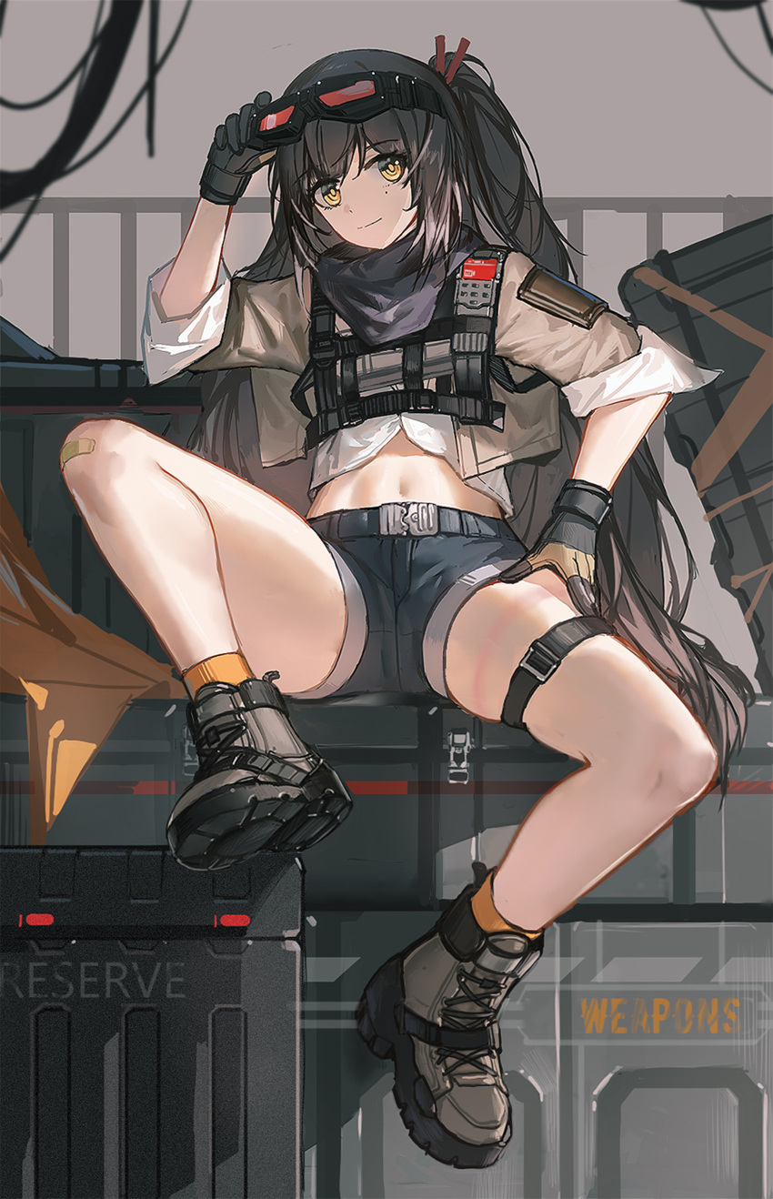 1girl absurdres ankle_boots bare_legs black_gloves black_hair black_shorts boots box brown_footwear brown_jacket closed_mouth commission countryman_(artist) full_body girls'_frontline gloves goggles goggles_on_head highres jacket long_hair mayling_shen_(girls'_frontline_2) midriff navel one_side_up open_clothes open_jacket orange_socks shirt short_shorts short_sleeves shorts sitting smile socks solo thigh_strap very_long_hair white_shirt