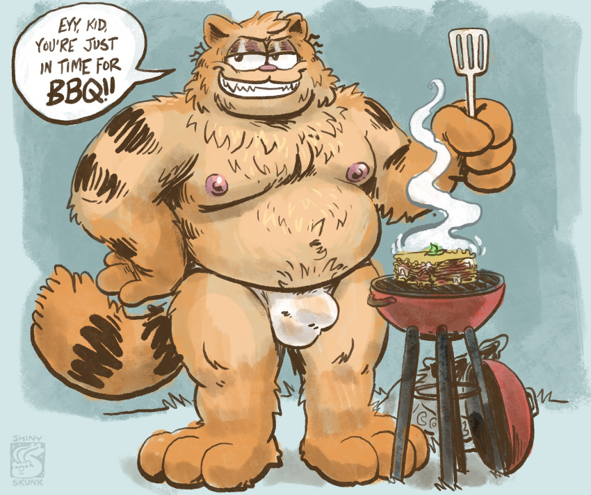 anthro barbecue bulge clothed clothing cooking domestic_cat felid feline felis food garfield_(series) hi_res male mammal shinyluvdisc underwear underwear_only vic_(garfield)