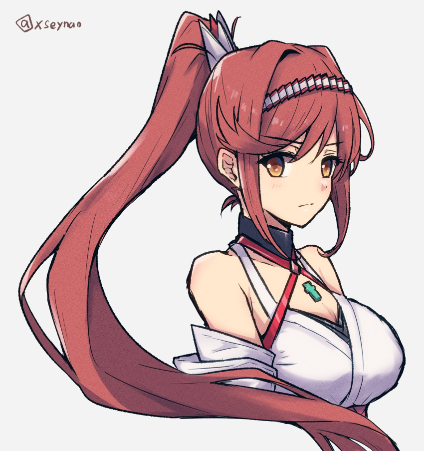 1girl bare_shoulders breasts chest_jewel cleavage commentary_request core_crystal_(xenoblade) glimmer_(xenoblade) high_ponytail highres japanese_clothes kimono looking_at_viewer mochimochi_(xseynao) ponytail red_hair solo swept_bangs white_kimono xenoblade_chronicles_(series) xenoblade_chronicles_3 xenoblade_chronicles_3:_future_redeemed