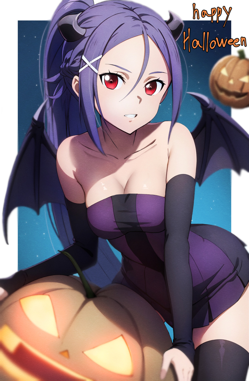 1girl bare_shoulders braid breasts cleavage demon_horns hair_between_eyes hair_ornament halloween halloween_costume happy_halloween high_ponytail highres horns jack-o'-lantern long_hair mito_(sao) nuguri444 purple_hair red_eyes solo sword_art_online teeth very_long_hair x_hair_ornament