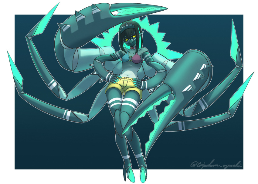 1girl aqua_hair arthropod_girl arthropod_limbs artist_name bikini bikini_top_only blue_background blue_hairband blue_skin carapace claws closed_mouth collar colored_inner_hair colored_skin full_body glowing glowing_hair green_hair hairband halterneck hands_on_own_hips highres looking_at_viewer mandibles medium_hair monster_girl multicolored_hair original pincers red_collar short_shorts shorts solo standing swimsuit toipokun_oyashi twitter_username yellow_eyes yellow_shorts