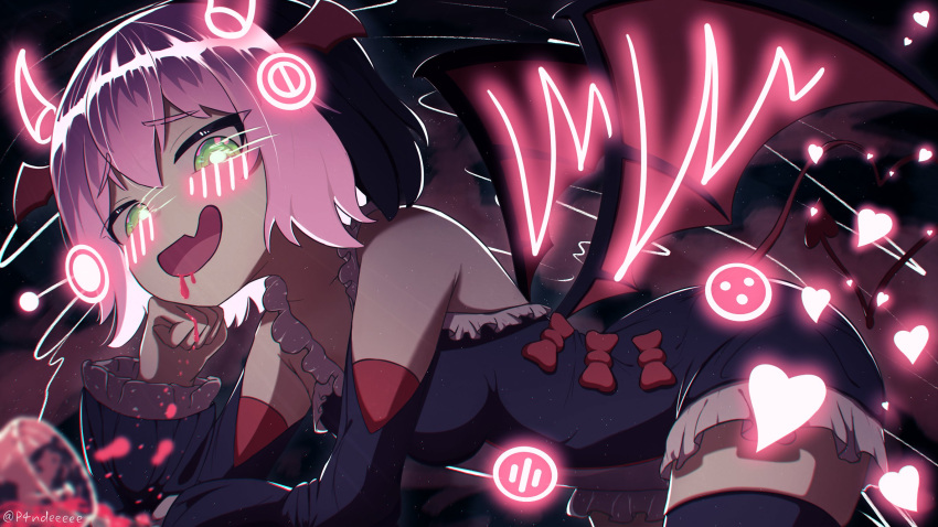 1girl arm_support bare_shoulders bat_wings bent_over black_dress black_hair bow demon_girl detached_sleeves drawn_horns dress dyed_bangs fang frills green_eyes head_wings heart highres laevatein_(tail) multicolored_hair open_mouth osu! p4ndeeeee pink_hair pippi_(osu!) red_bow smile solo tail thighhighs two-tone_hair wings zettai_ryouiki