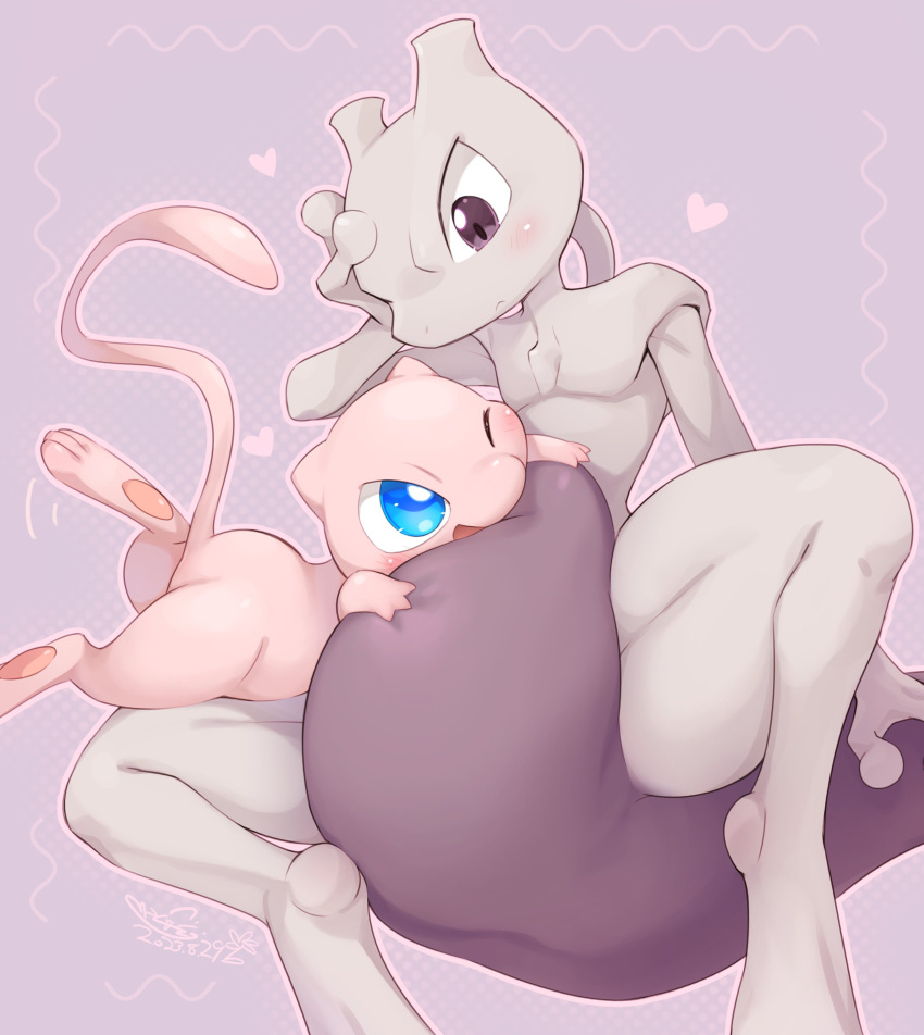 &lt;3 2023 absurd_res ambiguous_gender anthro belly big_eyes blue_eyes blush butt cotora duo embarrassed embrace eye_contact featureless_crotch frown generation_1_pokemon glistening glistening_eyes halftone happy hi_res holding_head larger_anthro larger_male legendary_pokemon long_tail looking_at_another male mew_(pokemon) mewtwo nintendo nude one_eye_closed open_mouth open_smile outline pink_outline pokemon pokemon_(species) purple_eyes raised_tail simple_background size_difference smaller_ambiguous smaller_anthro smile spread_legs spreading tail tan_background thick_thighs