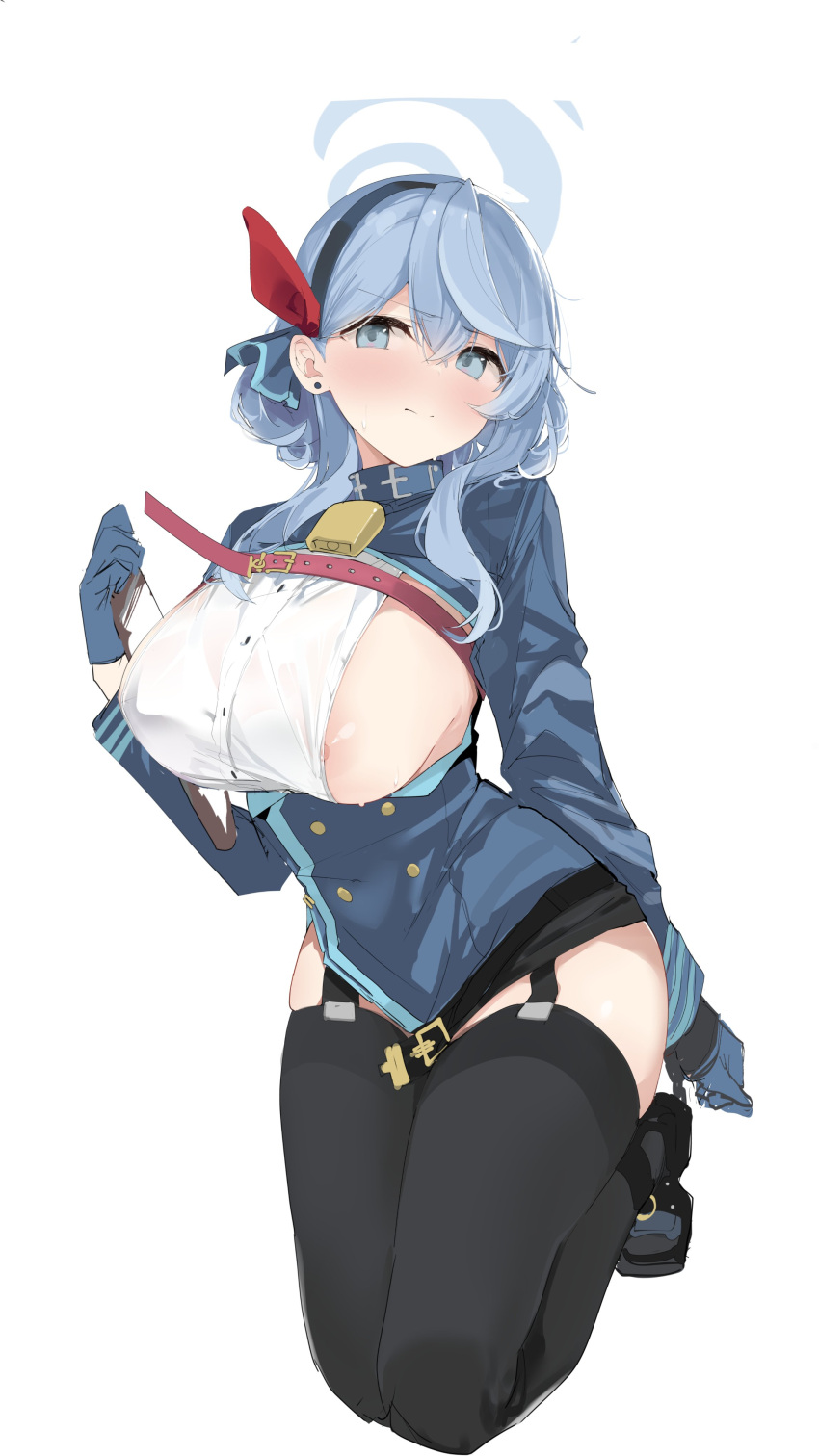 1girl absurdres ako_(blue_archive) alreadyusedpai areola_slip bell black_thighhighs blue_archive blue_eyes blue_hair blue_jacket blush breasts clipboard ear_piercing garter_straps gloves hair_between_eyes hair_ribbon hairband halo highres holding holding_clipboard jacket kneeling large_breasts long_sleeves looking_at_viewer neck_bell nipple_slip nipples piercing ribbon simple_background solo sweat thighhighs white_background