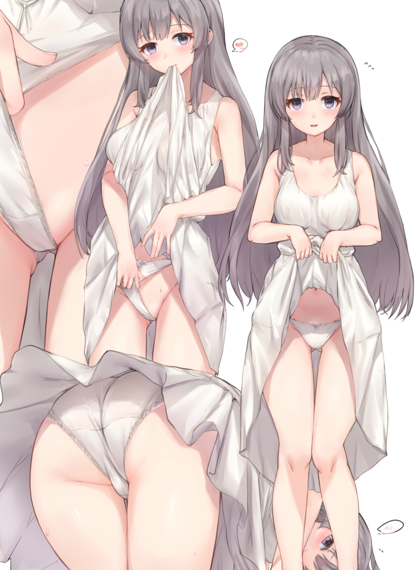 1girl ass bare_legs bent_over blush breasts cameltoe close-up clothing_aside collage collarbone dress feet_out_of_frame flying_sweatdrops grey_hair groin heart highres idolmaster idolmaster_shiny_colors looking_at_viewer medium_breasts mouth_hold multiple_views panties panties_aside purple_eyes simple_background sleeveless sleeveless_dress smile spoken_heart underwear white_background white_dress white_panties yoi_naosuke yukoku_kiriko