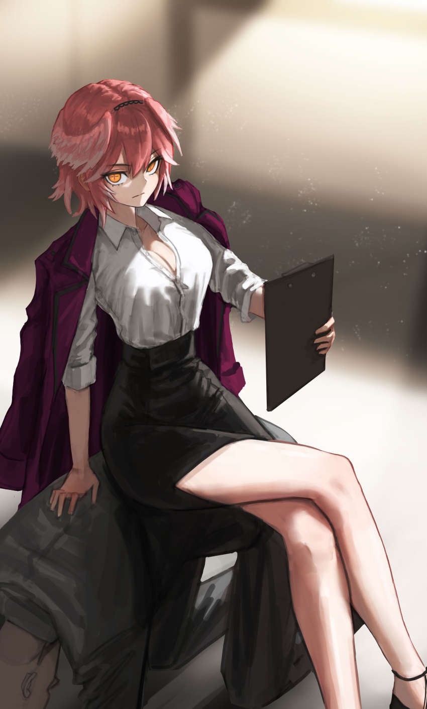 1boy 1girl absurdres breasts cleavage clipboard collared_shirt crossed_legs failose frown head_wings highres holding holding_clipboard hololive human_chair human_furniture jacket jacket_on_shoulders large_breasts office_lady pink_hair shirt shirt_tucked_in short_hair sitting sitting_on_person solo_focus takane_lui unbuttoned unbuttoned_shirt virtual_youtuber wings yellow_eyes