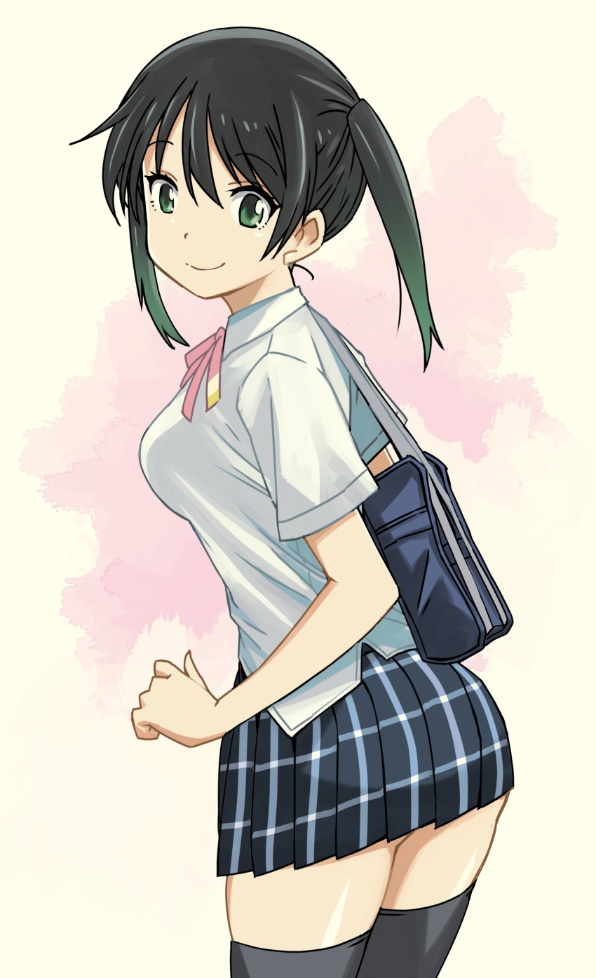 1girl absurdres ass_peek black_hair breasts closed_mouth cowboy_shot gradient_hair green_eyes green_hair grey_thighhighs hair_between_eyes highres legs_together love_live! love_live!_nijigasaki_high_school_idol_club medium_breasts medium_hair miniskirt multicolored_hair muramasa_mikado neck_ribbon pink_ribbon plaid plaid_skirt pleated_skirt ribbon shirt short_sleeves skirt smile solo standing takasaki_yuu thighhighs twintails two-tone_hair white_shirt zettai_ryouiki