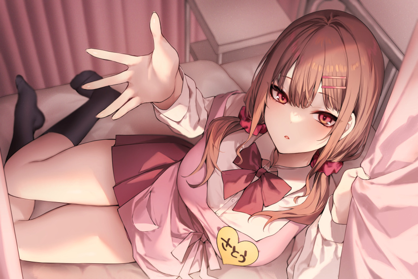 1girl arm_up bed black_socks blunt_bangs blurry blurry_background blush bow bowtie brown_hair collared_shirt curtains danimaru depth_of_field from_above hair_between_eyes hair_ornament hair_scrunchie hairclip highres holding indoors infirmary kneehighs long_hair long_sleeves looking_at_viewer low_twintails no_shoes on_bed original outstretched_hand parted_lips pleated_skirt red_bow red_bowtie red_eyes red_scrunchie red_skirt school_uniform scrunchie shirt sidelocks skirt socks solo strap_slip table twintails white_shirt