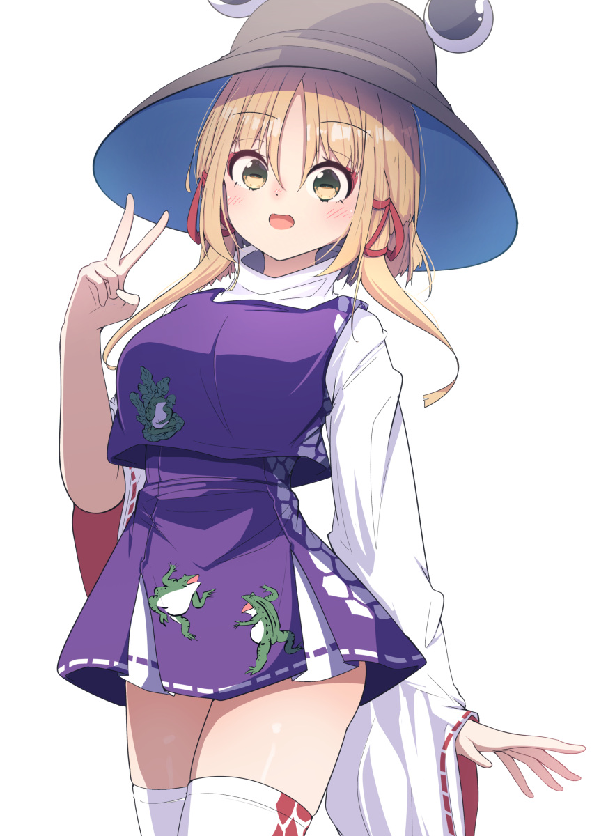 1girl :d absurdres animal_print blonde_hair blush breasts brown_headwear cowboy_shot darumoon frog frog_print hair_ribbon hat high-waist_skirt highres horizontal_pupils large_breasts light_blush long_hair long_sleeves looking_at_viewer miniskirt moriya_suwako nose_blush open_mouth parted_bangs purple_skirt purple_vest red_ribbon ribbon shirt simple_background skirt skirt_set smile solo thighhighs touhou turtleneck v vest white_background white_shirt white_thighhighs wide_sleeves yellow_eyes zettai_ryouiki