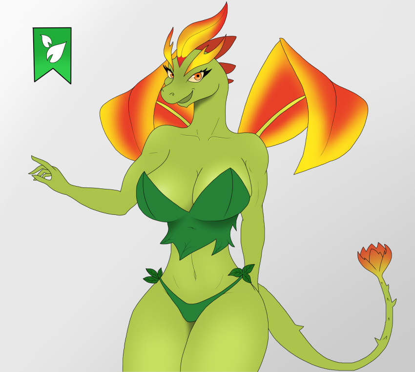 alphanoob anthro breasts dragon female green_body hi_res looking_at_viewer nature_dragon reptile scalie smile solo tail thick_thighs wings