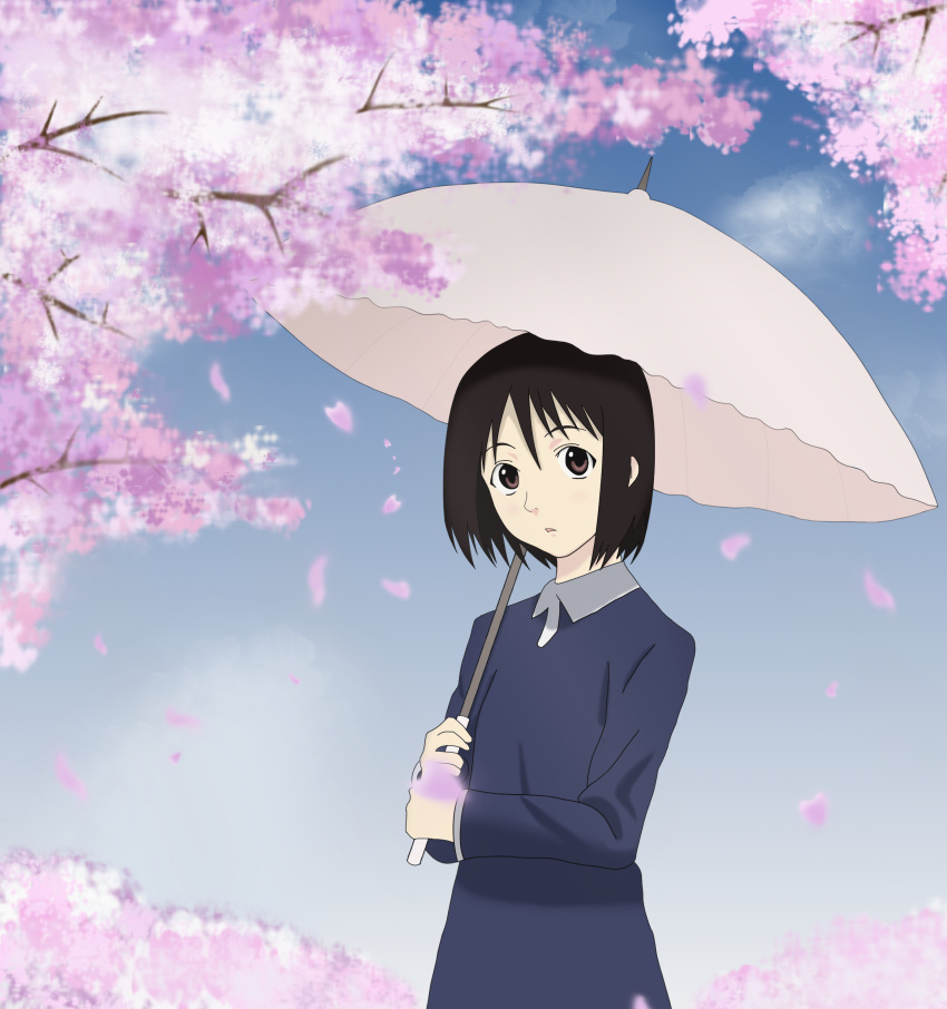 1girl absurdres black_hair blue_dress bob_cut brown_eyes cherry_blossoms collar day dress highres holding holding_umbrella long_dress long_sleeves looking_at_viewer nakahara_misaki nhk_ni_youkoso! short_hair spring_(season) umbrella windrises