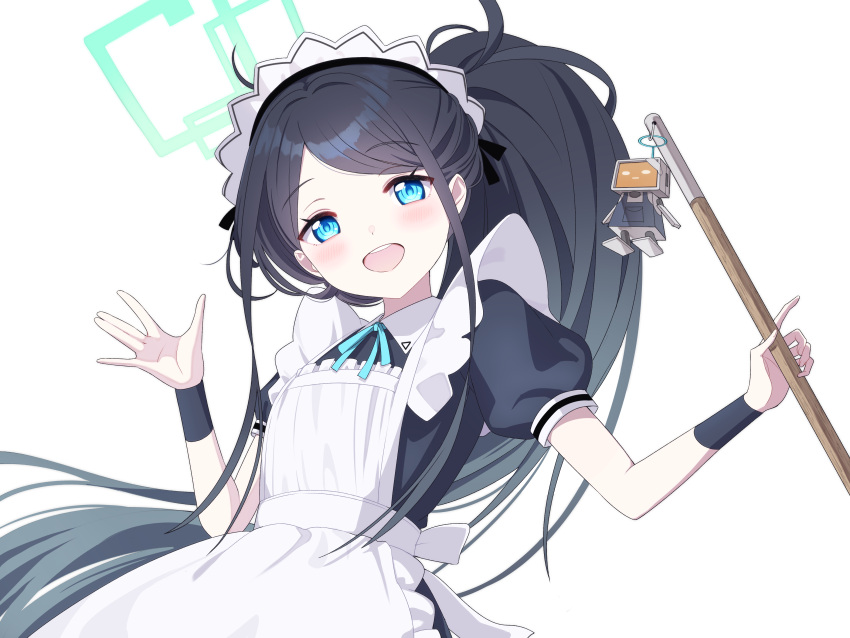 &lt;key&gt;_(robot)_(blue_archive) 1girl absurdly_long_hair absurdres apron aris_(blue_archive) aris_(maid)_(blue_archive) black_dress black_hair blue_archive blue_eyes blush dress frilled_apron frills green_halo halo highres long_hair looking_at_viewer maid maid_headdress official_alternate_costume open_mouth ponytail puffy_short_sleeves puffy_sleeves short_sleeves simple_background smile solo upper_body ushiroki very_long_hair white_apron white_background