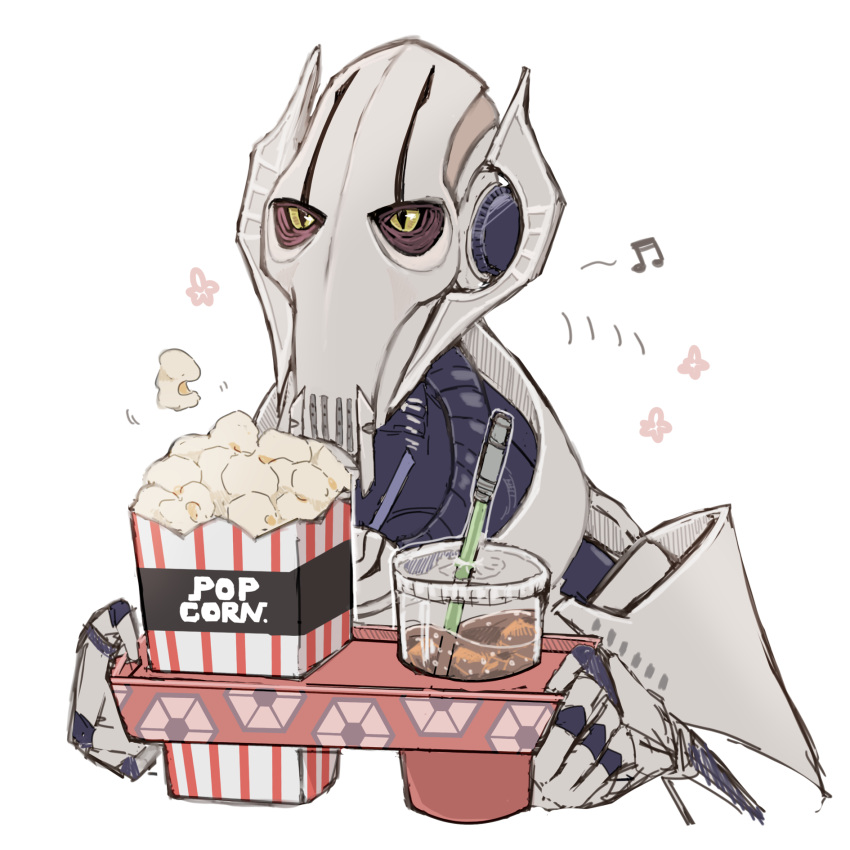 1boy cyborg energy_sword food general_grievous highres lightsaber musical_note nakata_shizu popcorn science_fiction simple_background soda solo star_wars star_wars:_revenge_of_the_sith sword weapon white_background