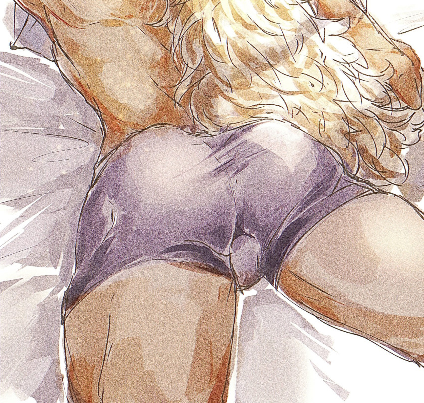 1boy ame_ekai ass ass_focus bara blonde_hair boxers bulge feet_out_of_frame from_above head_out_of_frame highres killer_(one_piece) long_hair lower_body lying male_focus male_underwear muscular muscular_male on_bed on_stomach one_piece purple_male_underwear solo thighs underwear very_long_hair