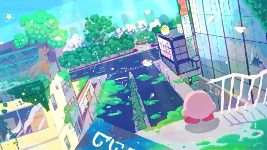 bandana bandana_waddle_dee blue_bandana character_request city cityscape creature flood highres holding kirby kirby_(series) kora_mirin_(tkrmrn) moss no_humans outdoors polearm ruins scenery star_(symbol) tree weapon