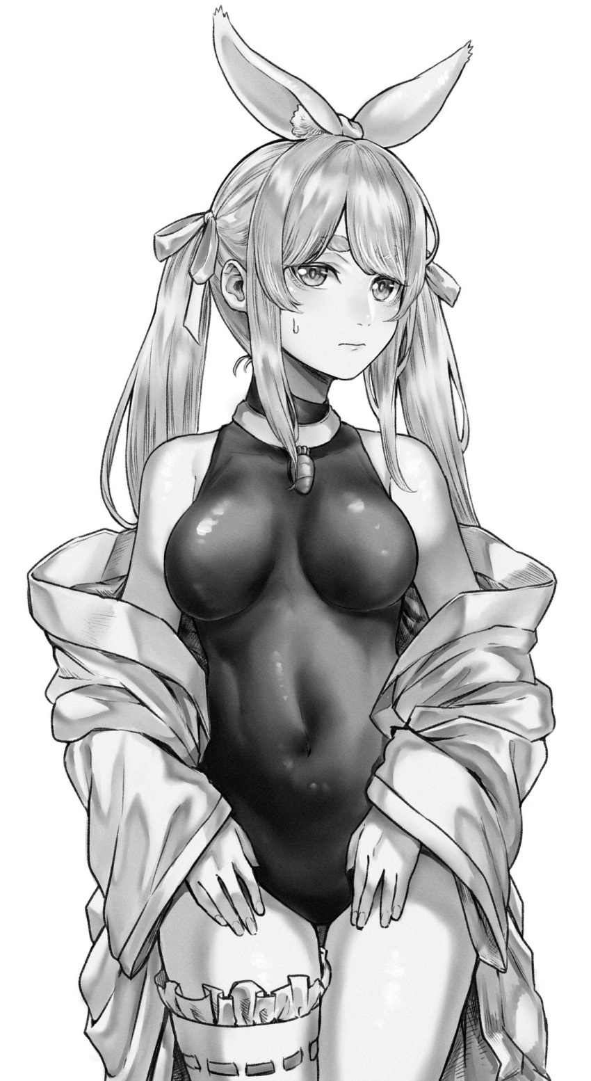 1girl animal_ears black_leotard breasts clothes_down collar covered_navel cowboy_shot fake_animal_ears greyscale hair_ribbon highres hololive inamimi_(sheep1733) leotard lone_nape_hair long_hair looking_at_viewer medium_breasts monochrome open_clothes rabbit_ears ribbon short_eyebrows sidelocks simple_background solo sweatdrop thick_eyebrows thigh_strap twintails usada_pekora virtual_youtuber white_background