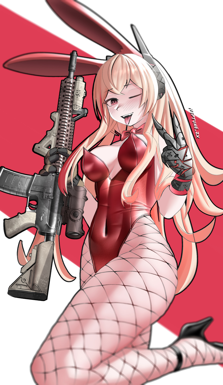 1girl ;d absurdres animal_ears artist_name assault_rifle blonde_hair breasts cleavage covered_navel cowboy_shot english_commentary fake_animal_ears fangs fishnet_pantyhose fishnets girls'_frontline gun high_heels highres holding holding_gun holding_weapon large_breasts leg_up leotard long_hair looking_at_viewer m4_carbine m4_sopmod_ii m4_sopmod_ii_(girls'_frontline) mechanical_arms multicolored_hair neptune_zx one_eye_closed open_mouth pantyhose playboy_bunny rabbit_ears red_eyes red_leotard rifle simple_background single_mechanical_arm smile solo streaked_hair thick_thighs thighs tongue v weapon