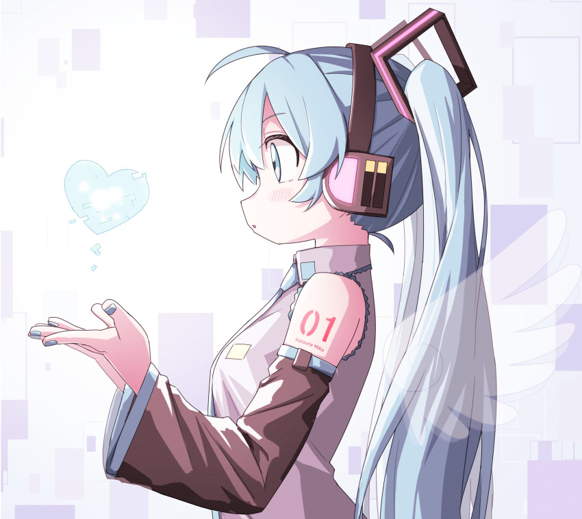 1girl arm_tattoo blue_eyes blue_hair blue_nails character_name collared_shirt commentary detached_sleeves electric_angel_(vocaloid) from_side grey_shirt hair_between_eyes hatsune_miku headphones heart highres long_hair nail_polish necktie profile shirt simple_background sleeveless sleeveless_shirt solo tattoo twintails upper_body very_long_hair vocaloid wings yachima_tana