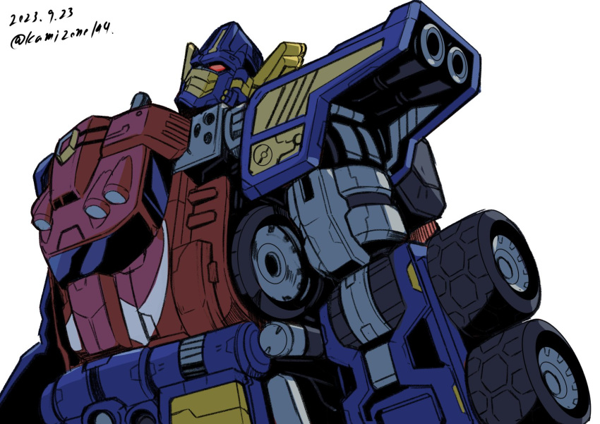 autobot clip_studio_paint_(medium) dated highres kamizono_(spookyhouse) looking_up making-of_available mecha no_humans optimus_prime red_eyes robot science_fiction simple_background solo transformers transformers_armada twitter_username upper_body wheel white_background