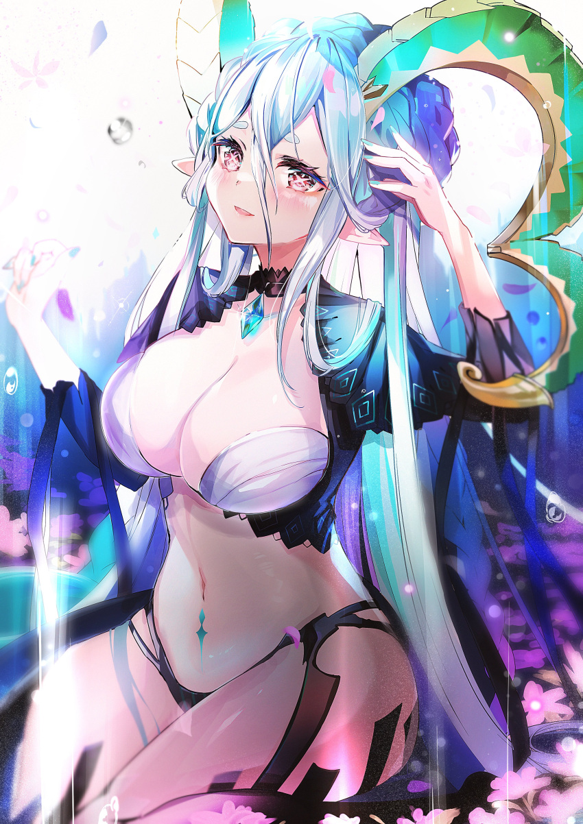 1girl absurdres aqua_hair blue_panties blue_shirt blue_thighhighs blush braid breasts choker cleavage cropped_shirt curled_horns fate/grand_order fate_(series) felnemo hair_between_eyes highleg highleg_panties highres horns jewelry large_breasts larva_tiamat_(fate) long_hair looking_at_viewer navel open_mouth panties pendant pink_eyes pointy_ears shirt shrug_(clothing) sidelocks sitting smile solo stomach_tattoo striped striped_sleeves striped_thighhighs symbol-shaped_pupils tail tattoo thighhighs thighs tiamat_(fate) underwear very_long_hair wariza