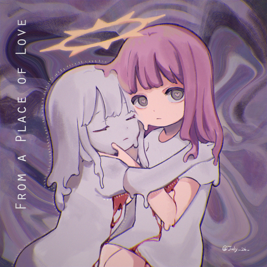 2girls :| abstract abstract_background artist_name blood chromatic_aberration closed_eyes closed_mouth dress expressionless grey_eyes halo hand_on_another's_chin heart heart-shaped_pupils highres library_of_ruina long_hair melting mili_(band) multiple_girls ooya_(july_26) pink_hair pink_pupils project_moon short_sleeves surreal symbol-shaped_pupils twitter_username white_dress white_hair