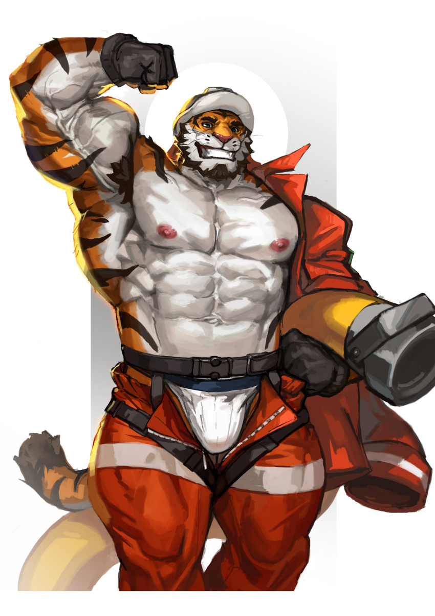 2023 abs absurd_res anthro armor black_clothing black_gloves black_handwear clothing crotch_harness felid felix_(imato) fingerless_gloves firefighter_helmet firefighter_uniform flexing_bicep fur gloves handwear headgear helmet hi_res holding_hose hose jacket looking_at_viewer male mammal multicolored_body multicolored_fur muscular muscular_anthro muscular_male muscular_thighs nipples obliques one_sleeve_on orange_body orange_fur pantherine pecs red_clothing red_jacket red_topwear serratus smile solo standing striped_body striped_fur stripes tiger topwear traver009 two_tone_body two_tone_fur uniform unzipped_bodysuit vein veiny_muscles whiskers white_body white_fur