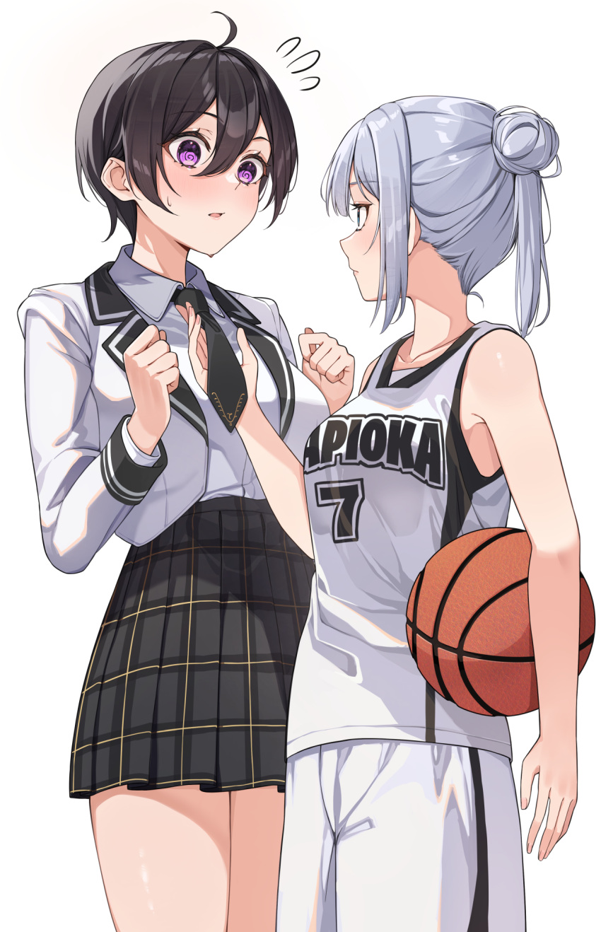 2girls bare_shoulders basketball basketball_uniform black_hair black_necktie black_skirt blush closed_mouth clothes_writing cowboy_shot eye_contact flying_sweatdrops grey_hair hair_bun high-waist_skirt highres jacket long_sleeves looking_at_another multiple_girls necktie open_clothes open_jacket original plaid plaid_skirt purple_eyes school_uniform shirt short_hair shorts simple_background single_hair_bun skirt sleeveless sleeveless_shirt sportswear tank_top tapioka_(oekakitapioka) white_background white_jacket white_shirt white_shorts