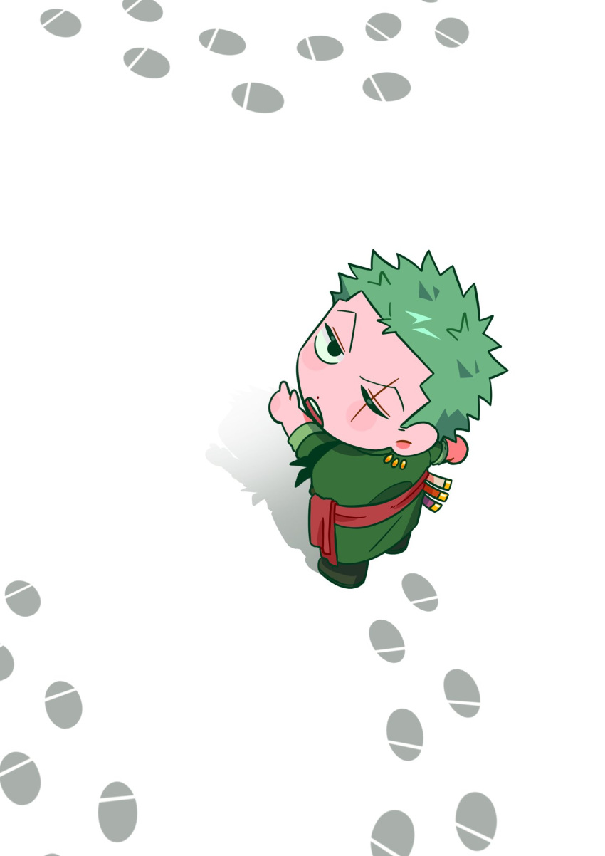 1boy blush_stickers chibi from_above greeeeenpotato green_hair highres jewelry jitome light_blush looking_at_viewer looking_up male_focus one_piece pointing pointing_forward roronoa_zoro scar scar_across_eye short_hair sideburns snow solo