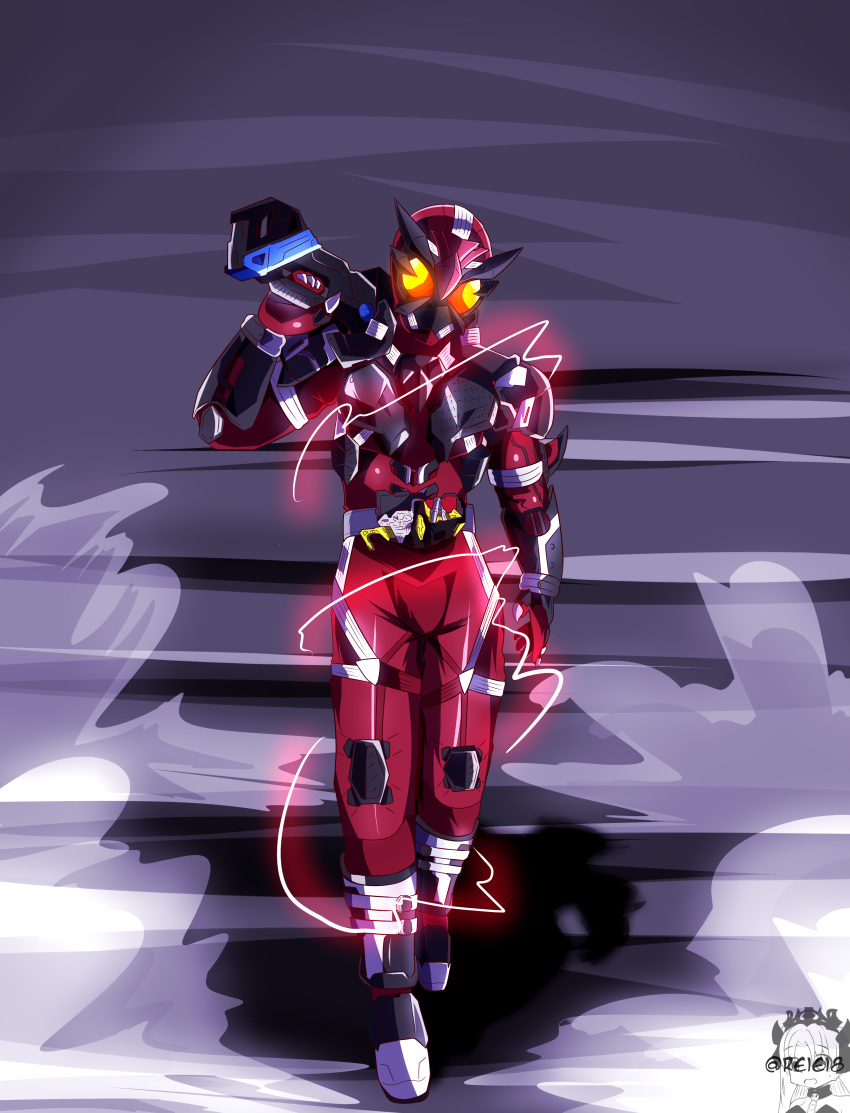 1boy absurdres attache_shotgun bodysuit chibi chibi_inset cowboy_shot dodo_(bird) forceriser full_body gloves glowing glowing_eyes gun highres kamen_rider kamen_rider_01_(series) kamen_rider_ikazuchi lightning mascot power_armor red_bodysuit red_gloves reiei_8 shotgun signature smoke tokusatsu twitter_username walking weapon