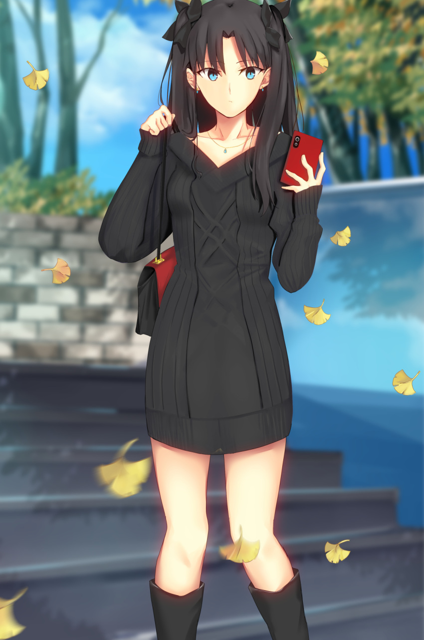 1girl alternate_costume bag black_footwear black_hair black_ribbon black_sweater blue_eyes blue_sky boots cellphone closed_mouth cloud collarbone commentary_request earrings fate/stay_night fate_(series) hair_ribbon handbag highres holding holding_phone iro_(sekaixiro) jewelry leaf long_sleeves looking_at_viewer necklace outdoors parted_bangs phone ribbon sky sleeves_past_wrists solo sweater tohsaka_rin tree two_side_up