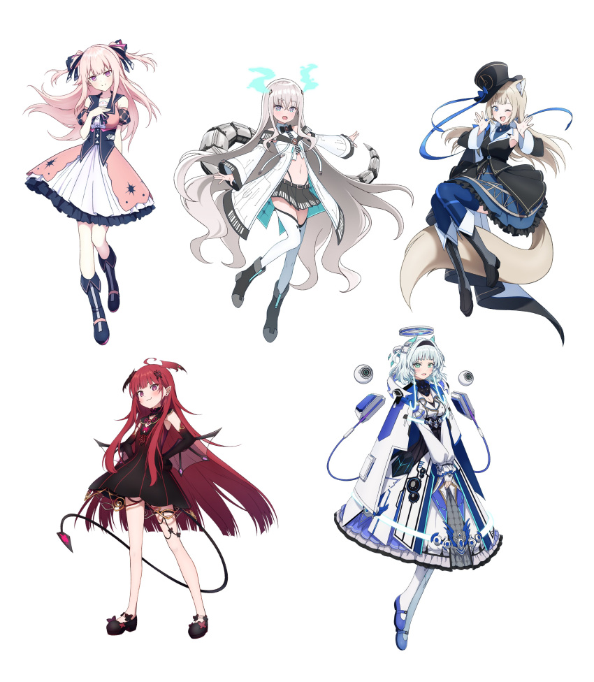 5girls absurdres ahoge angel animal_ears araka_luto black_dress blonde_hair blue_eyes circuit_board_print comiket_102 demon_girl demon_tail dragon_girl dress fox_ears fox_girl fox_tail grey_hair halo hat head_wings headset highres holographic_horns hoshifuri_iku ibuki_meno kamishiro_rita long_hair makicha_(sasurainopink) mechanical_halo mechanical_tail midriff multiple_girls navel pink_dress pink_hair plaid plaid_skirt prism_project purple_eyes red_eyes red_hair ribbon short_hair skirt tail thighhighs thong tokimori_aoi two_side_up virtual_youtuber white_dress white_hair wings